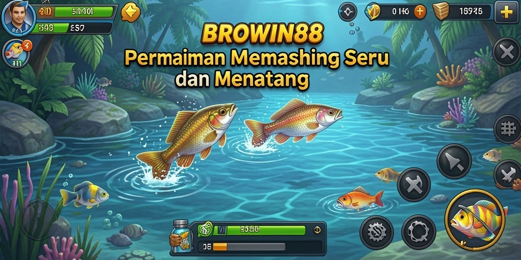 Screenshot gameplay BROWIN88 dengan seorang pemain sedang menangkap ikan.