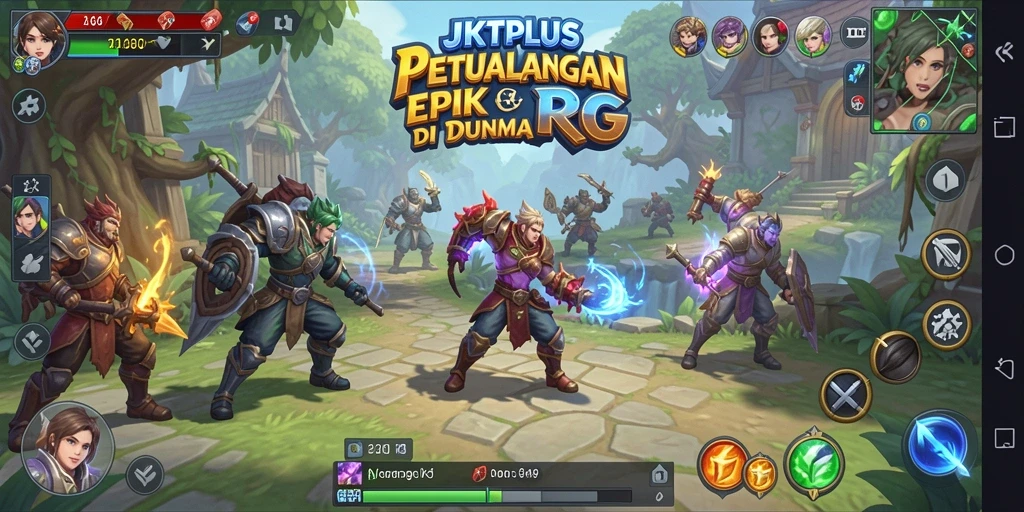 Tampilan screenshot utama JKTPLUS yang menunjukkan karakter dalam pertempuran epik.