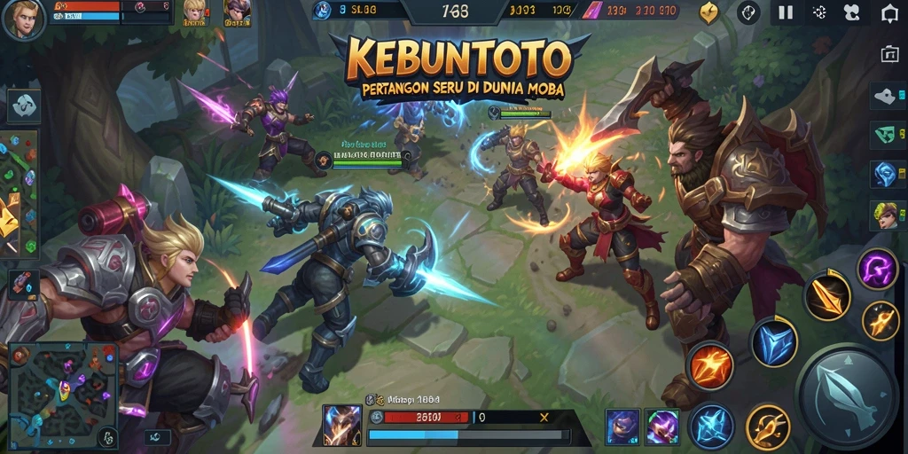 Screenshot gameplay KEBUNTOTO menampilkan pertarungan seru antara hero.