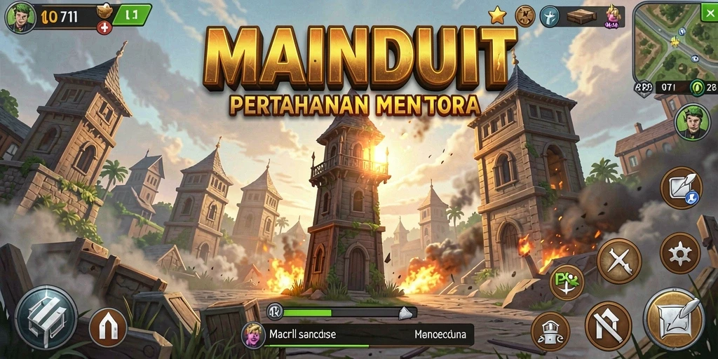 Tangkapan layar dari gameplay menegangkan di MAINDUIT, menampilkan strategi pertahanan menara.